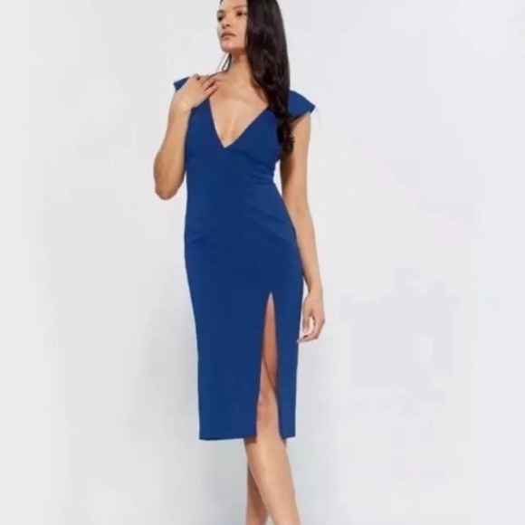 New! Jay Godfrey‎ Cobalt Blue Deep V Plunge Midi Dress - Picture 1 of 7